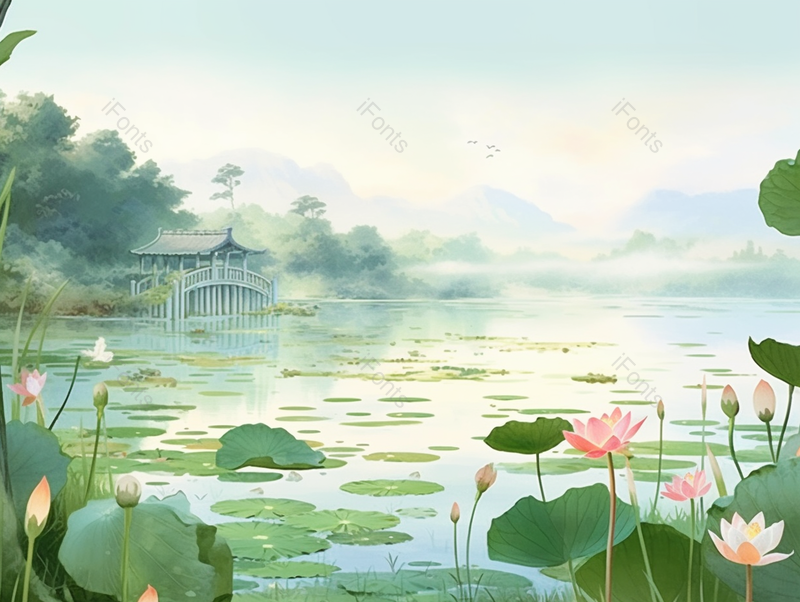 小暑阳光下的水面荷花荷叶手绘背景,插画/手绘图,插画/手绘图库,插画/手绘图下载,插画/手绘